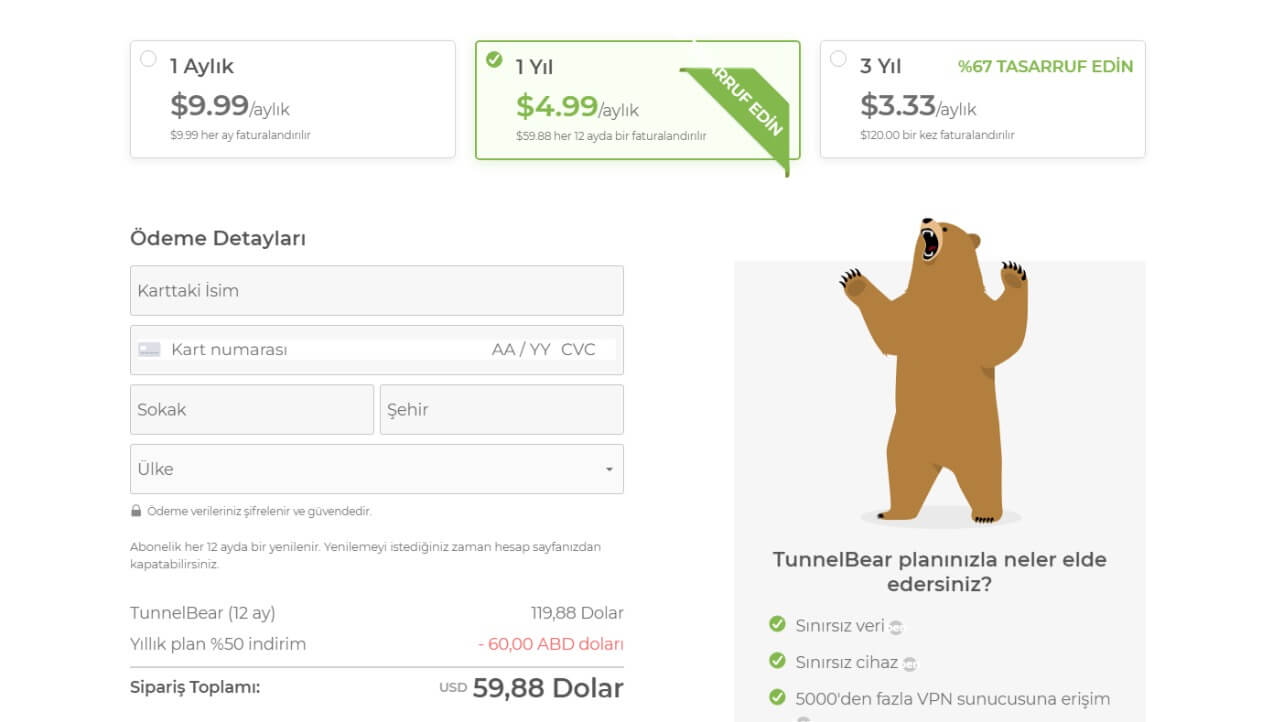 TunnelBear fiyatlandırma