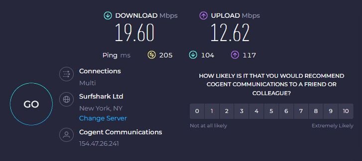 Windscribe ABD hız testi