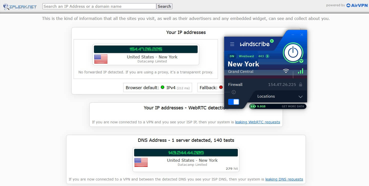 Windscribe IP sızıntı testi