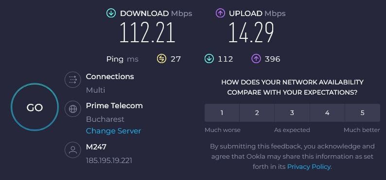 ExpressVPN Romanya hız testi