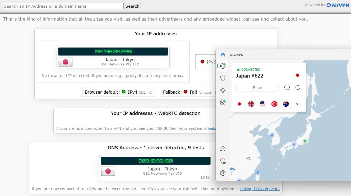 Japonya NordVPN IP sızıntı testi