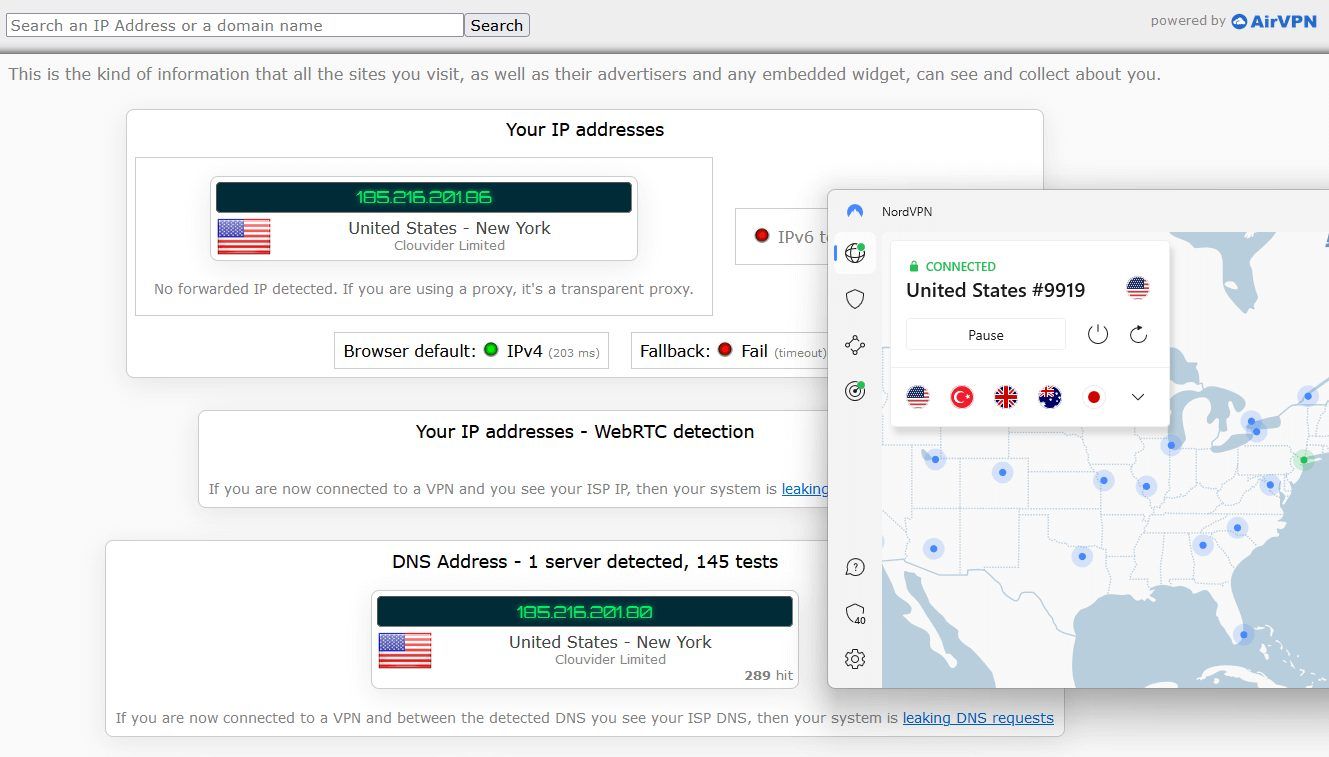 NordVPN yerel IP sızıntı testi