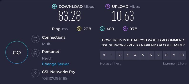 NordVPN Avustralya hız testi