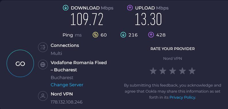 NordVPN Romanya hız testi