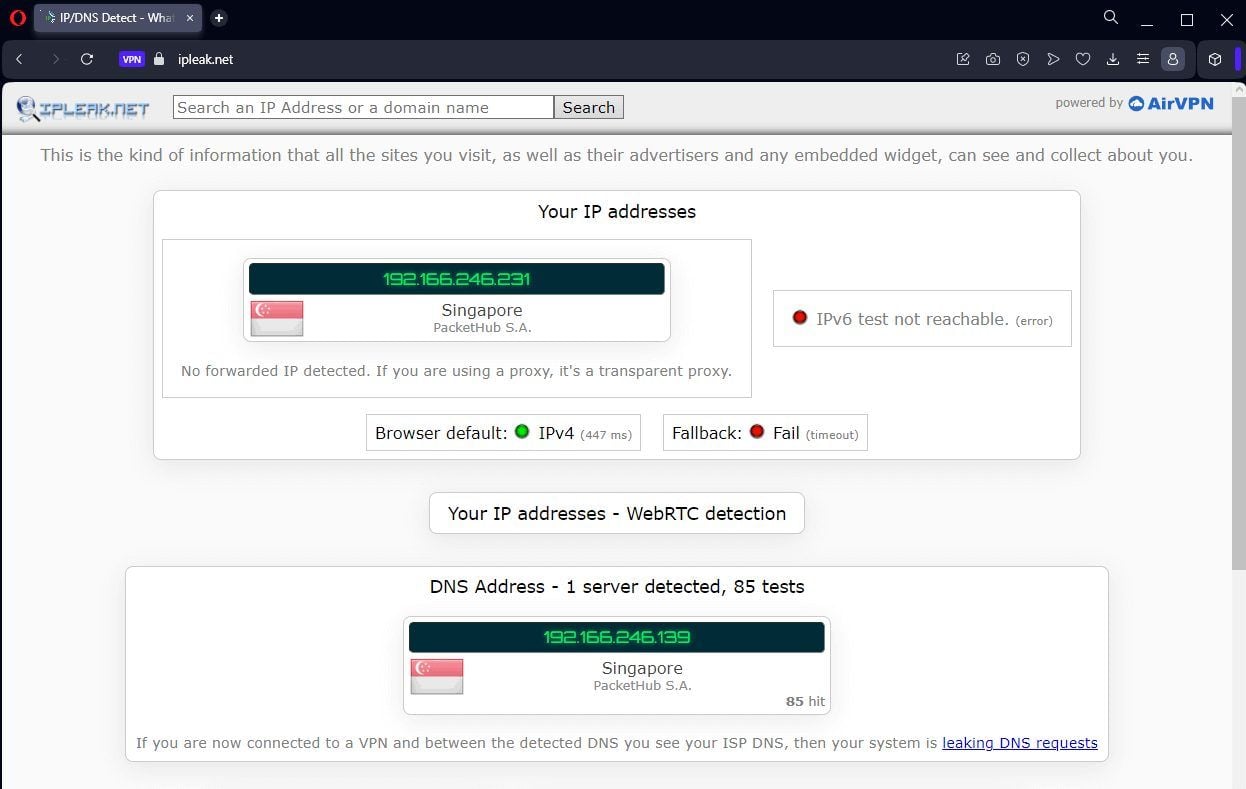 Opera VPN IP sızıntı testi