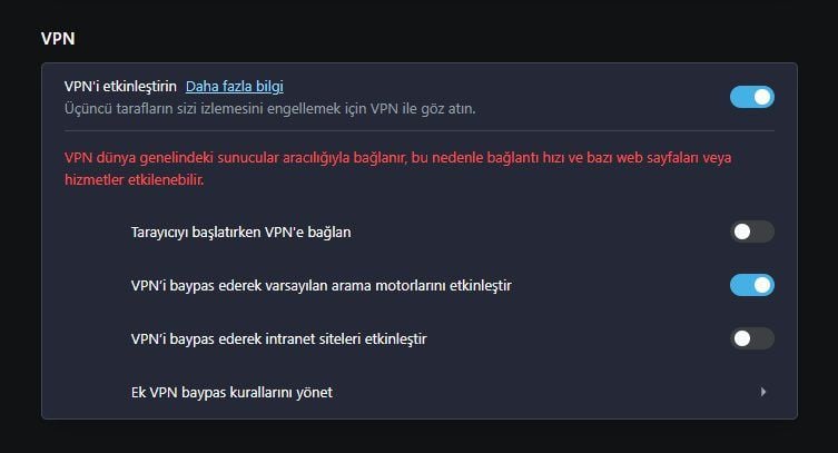 Opera VPN bölünmüş tünelleme