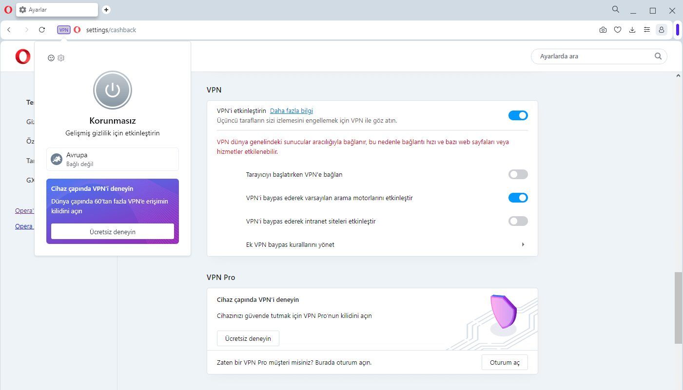 Opera VPN uygulaması 1