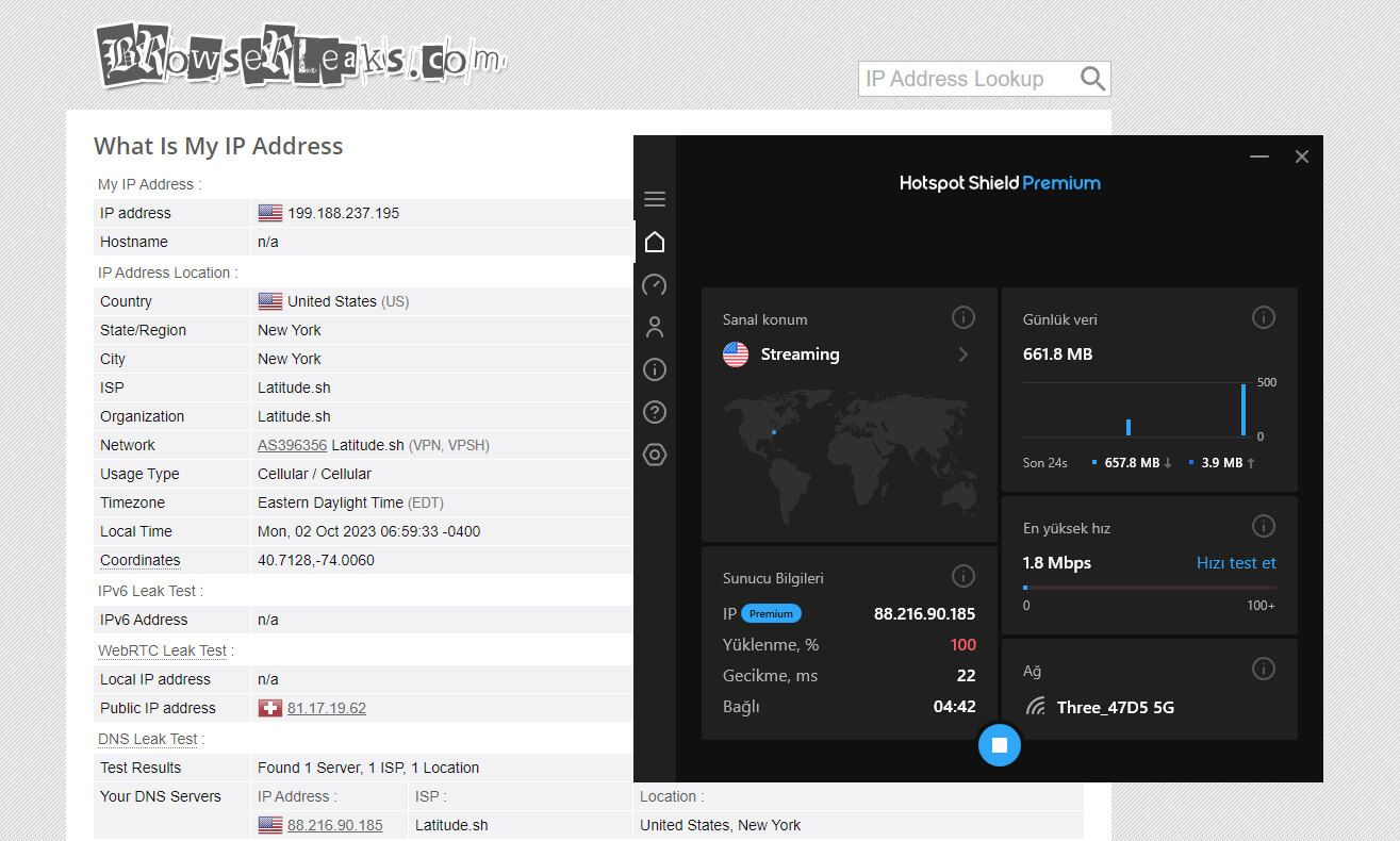 Hotspot Shield IP sızıntı testi 2