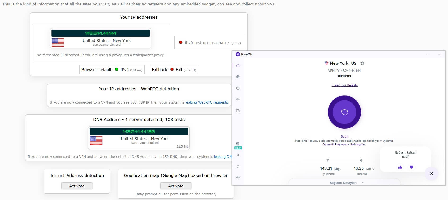 PureVPN IP sızıntı testi