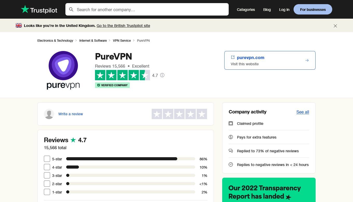 PureVPN TrustPilot yorumları