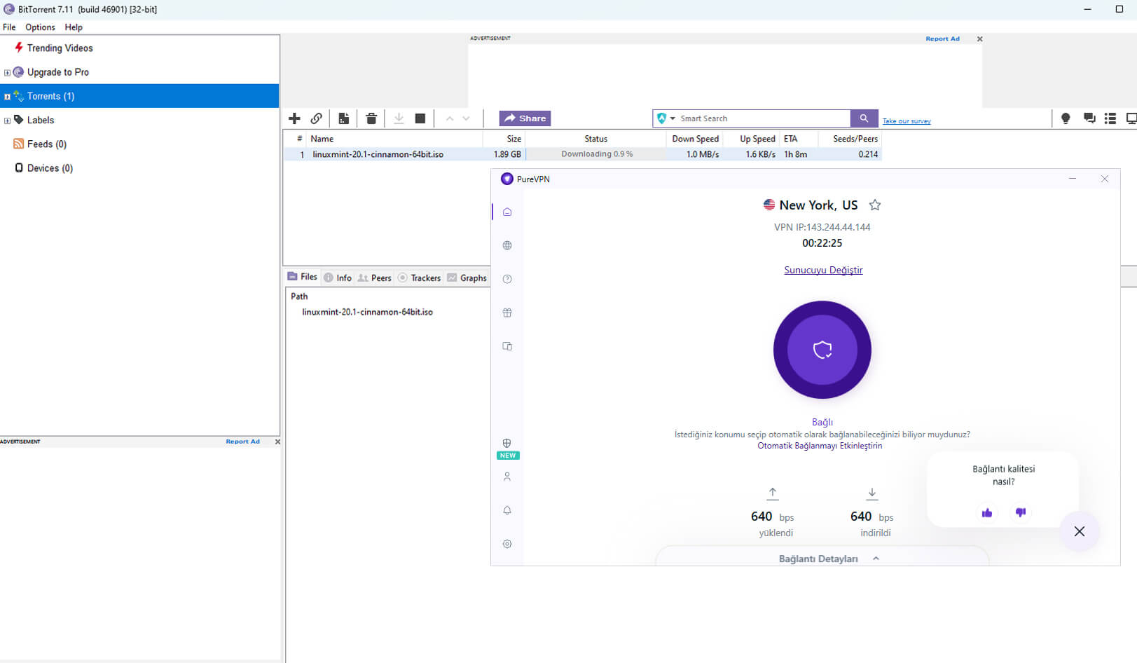 PureVPN torrent kullanımı