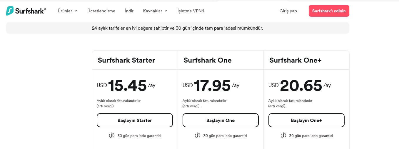 Surfshark aylık üyelik fiyatlandırma